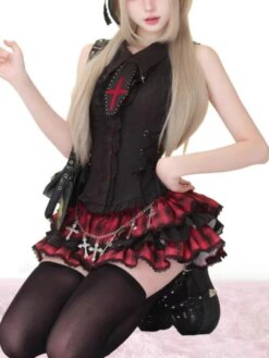 black dress with a lapel collar and lace details.