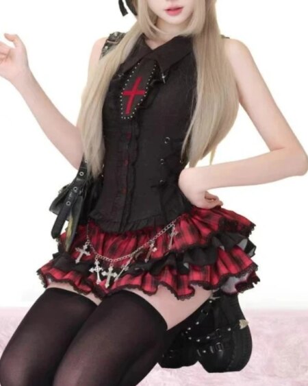 black dress with a lapel collar and lace details.