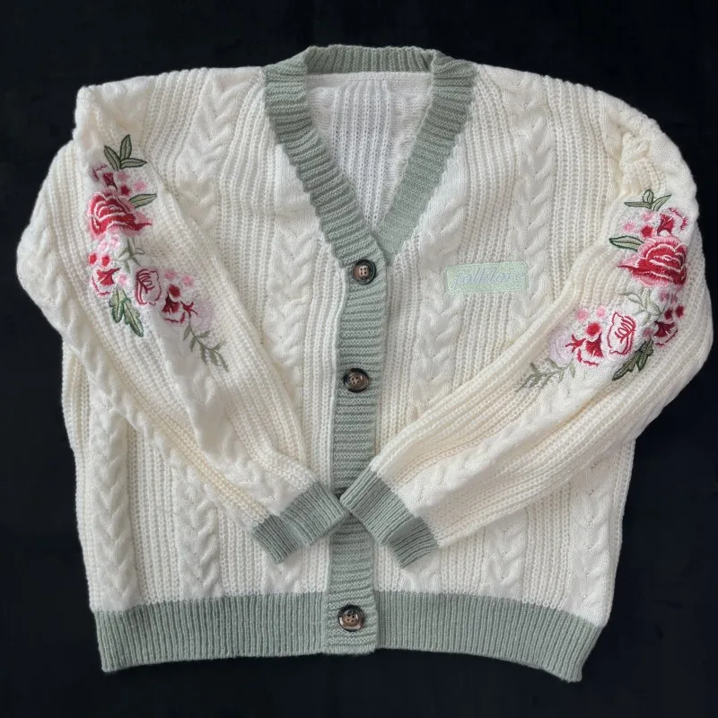 Flower Embroidered Knitted Sweater Cardigan