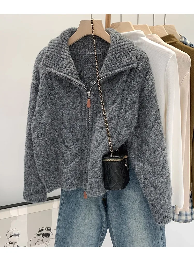 Retro Solid Double Zipper Sweater