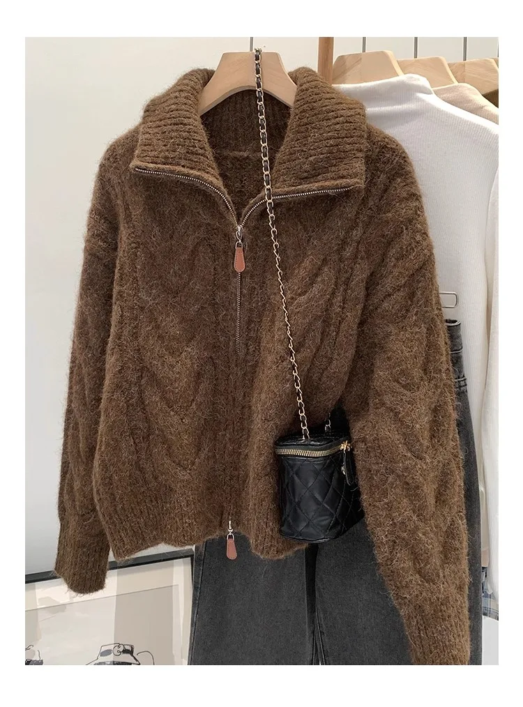 Retro Solid Double Zipper Sweater