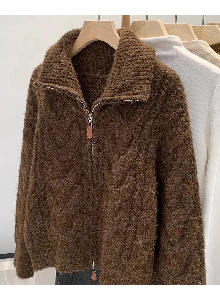 Retro Solid Double Zipper Sweater