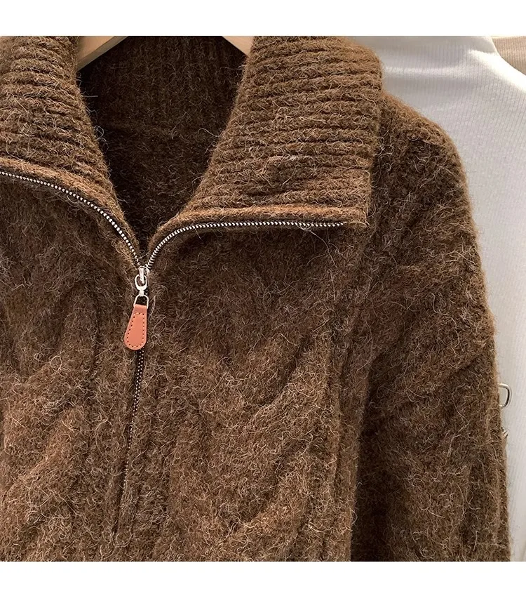 Retro Solid Double Zipper Sweater