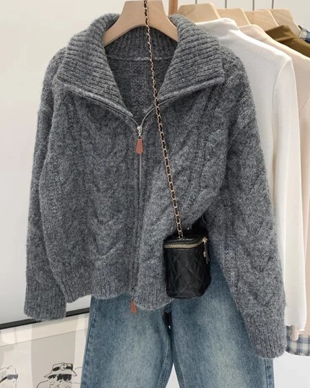 Retro Solid Double Zipper Sweater Size