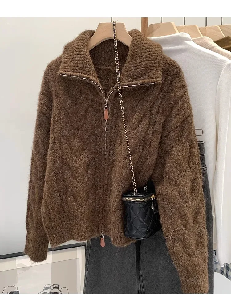 Retro Solid Double Zipper Sweater