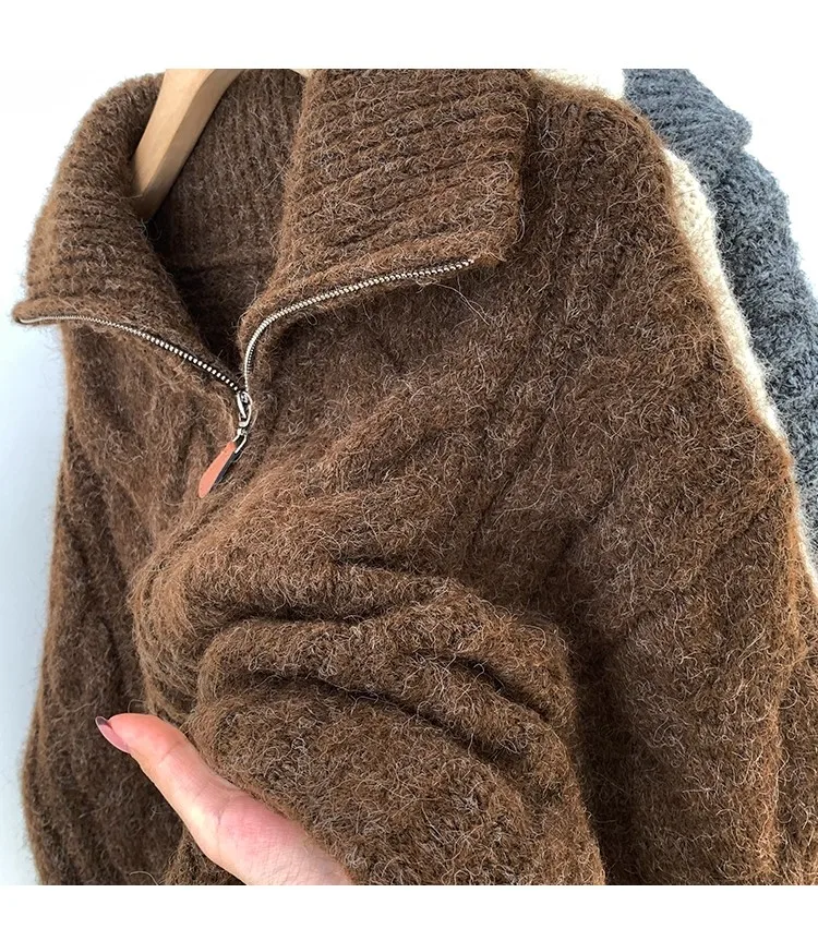 Retro Solid Double Zipper Sweater