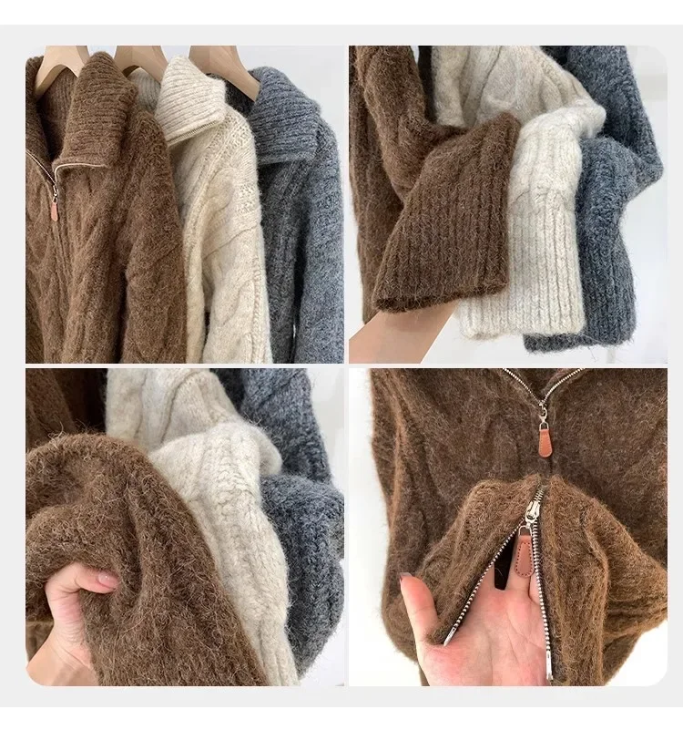 Retro Solid Double Zipper Sweater