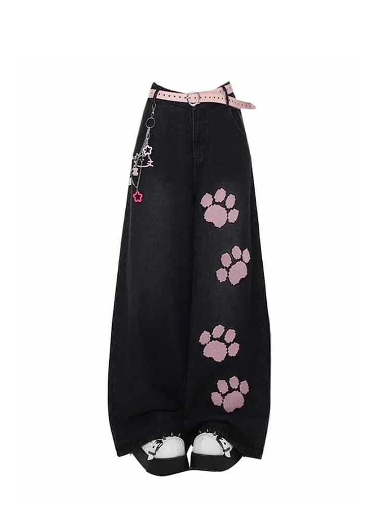 Women Korean Baggy Y2K Jeans Cat Print