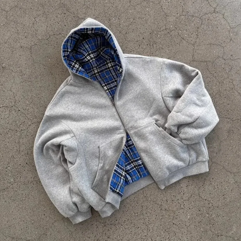 Oversized Reversible Hoodies With Plaid Lining Oversized Reversible Hoodies With Plaid Lining - Image 2