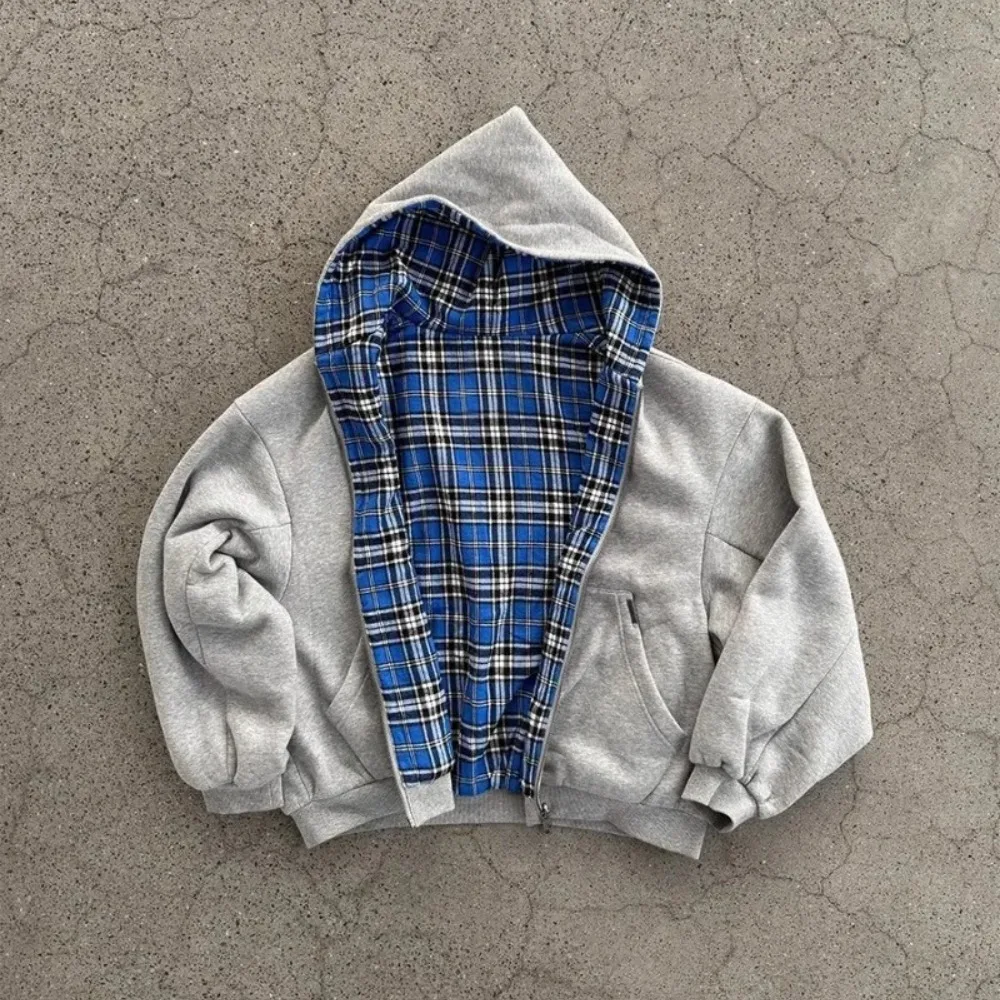 Oversized Reversible Hoodies With Plaid Lining Oversized Reversible Hoodies With Plaid Lining