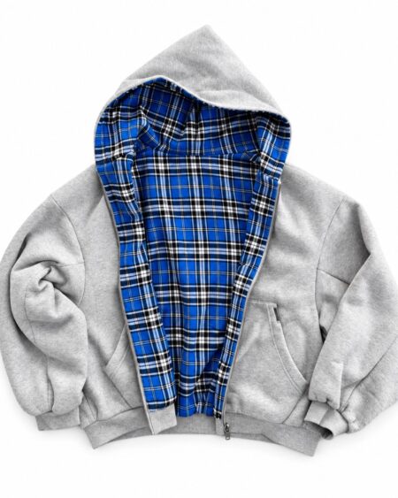 Blue Plaid Lined Zip Hoodie — Heather Grey