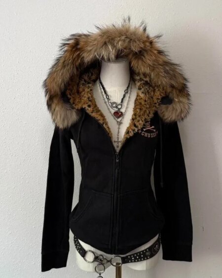 Y2K Harajuku Skull Embroidery Fur Collar Coat
