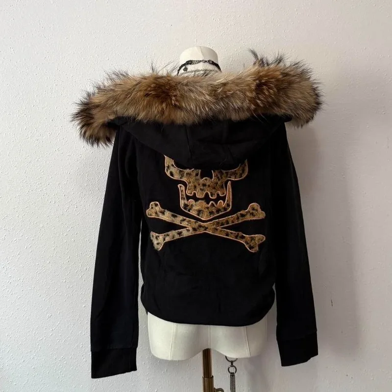 Y2K Harajuku Skull Embroidery Fur Collar Coat Y2K Harajuku Skull Embroidery Fur Collar Coat - Image 3