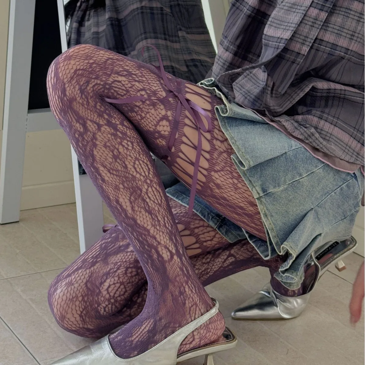 JK Lace Bow Tie Stockings Women