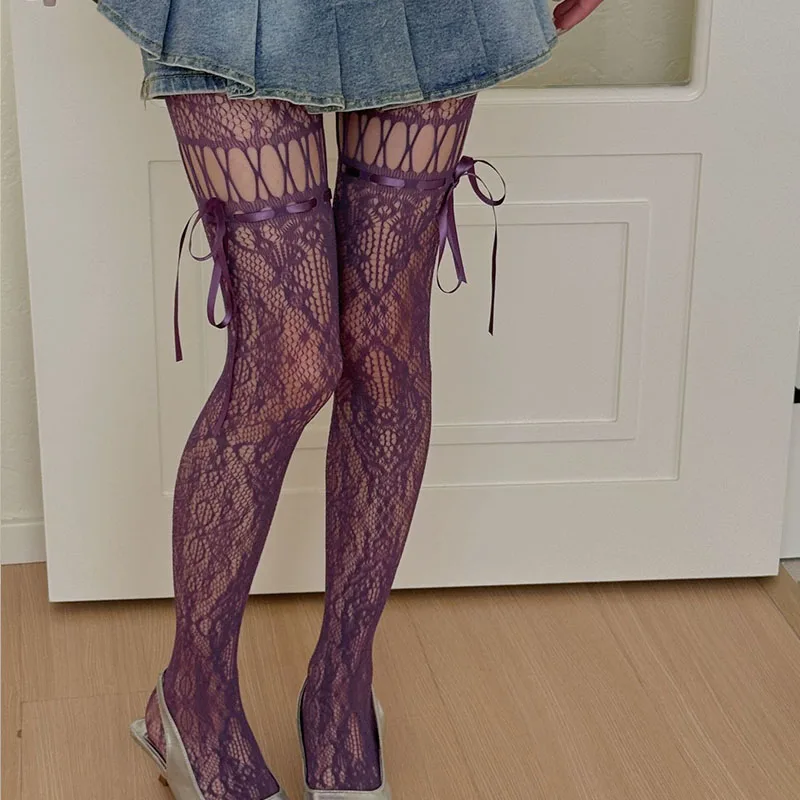 JK Lace Bow Tie Stockings Women