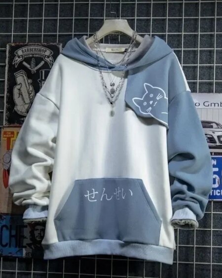 Cute Cat Print Patchwork Teen Hoodies