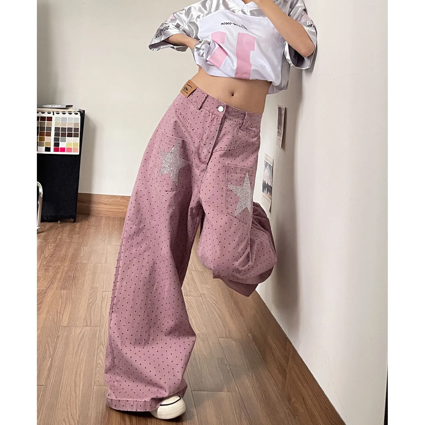 American Retro Polka Dot Wide Leg Denim Pants
