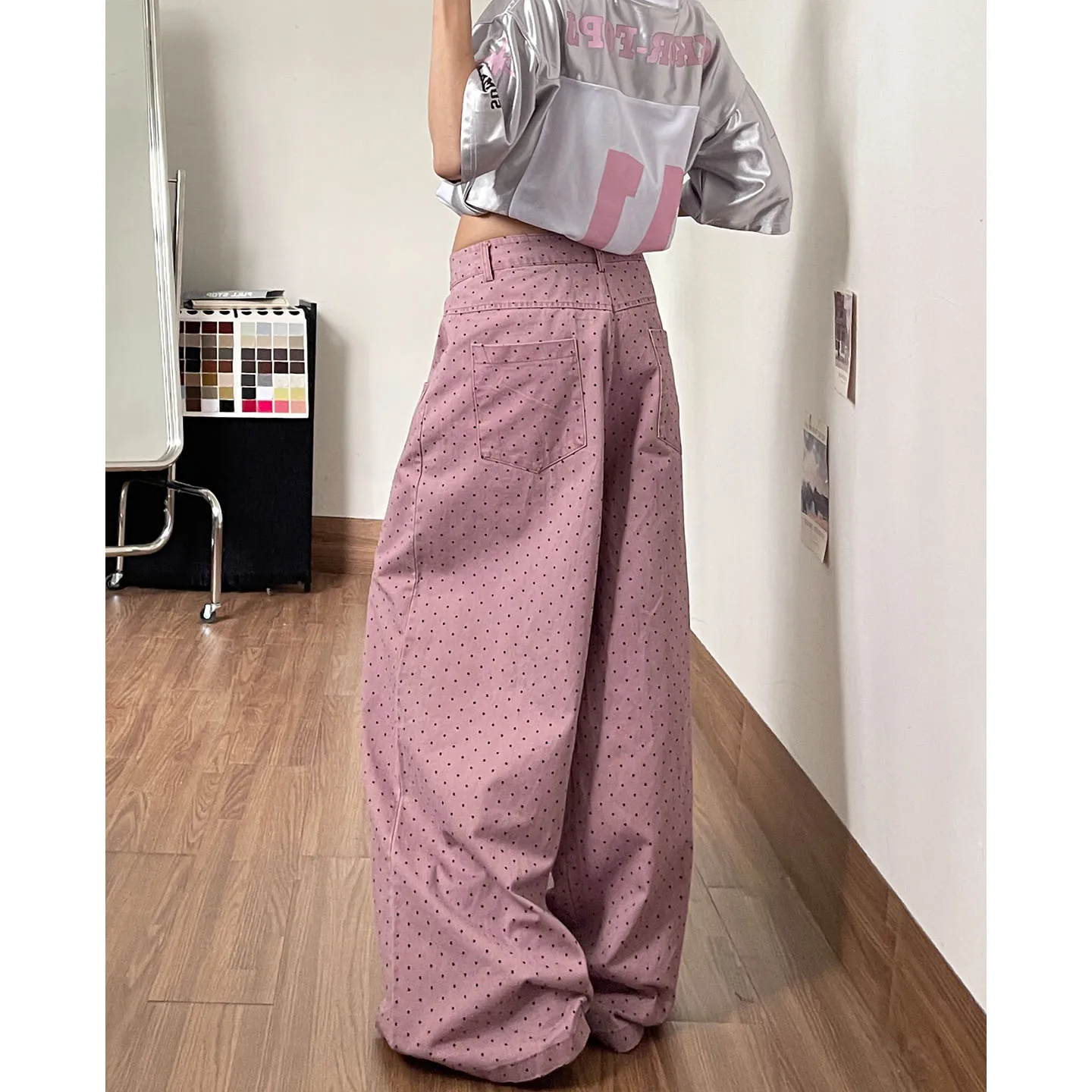 American Retro Polka Dot Wide Leg Denim Pants