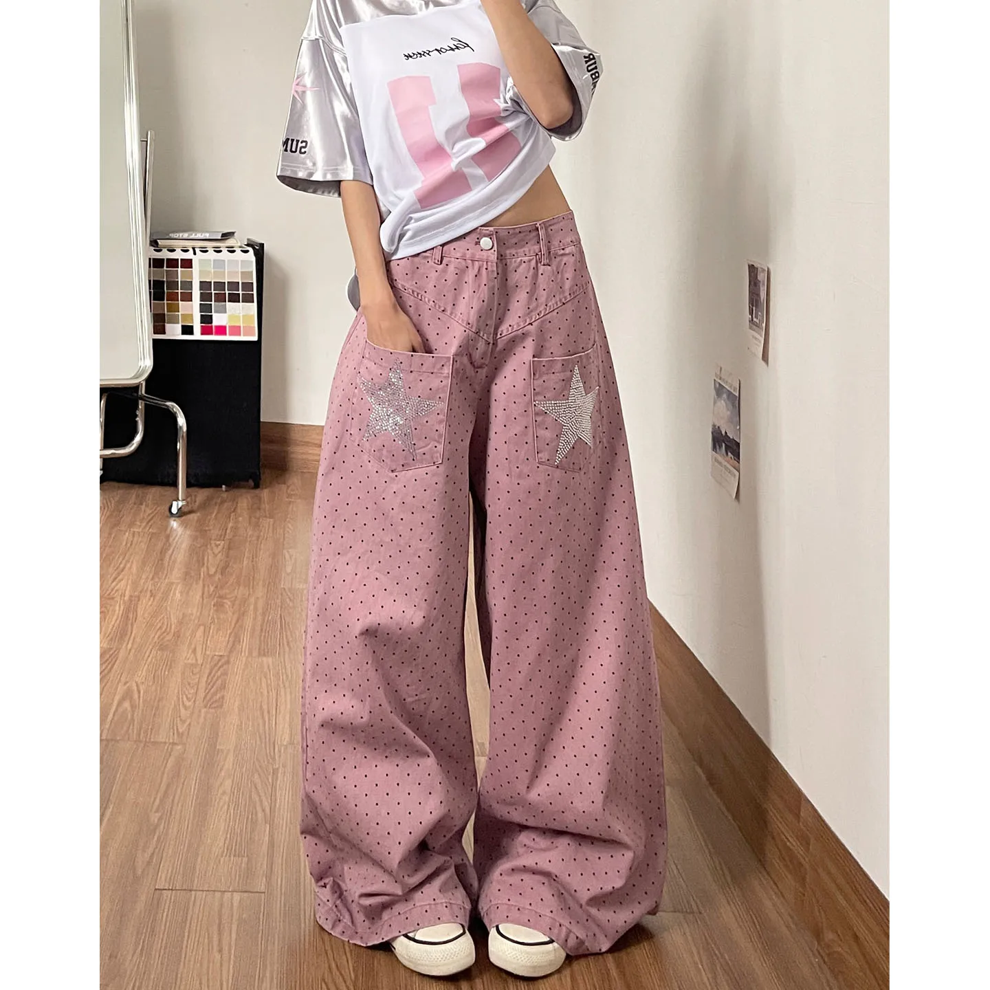 American Retro Polka Dot Wide Leg Denim Pants