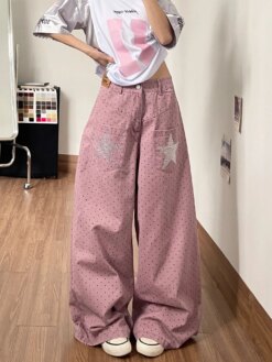 American Retro Polka Dot Wide Leg Denim Pants