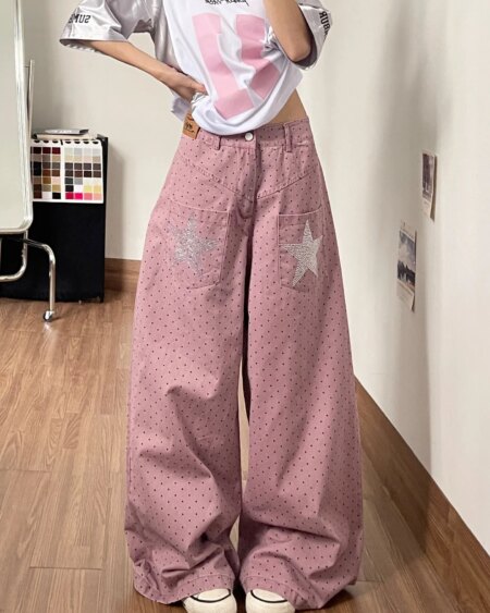 American Retro Polka Dot Wide Leg Denim Pants