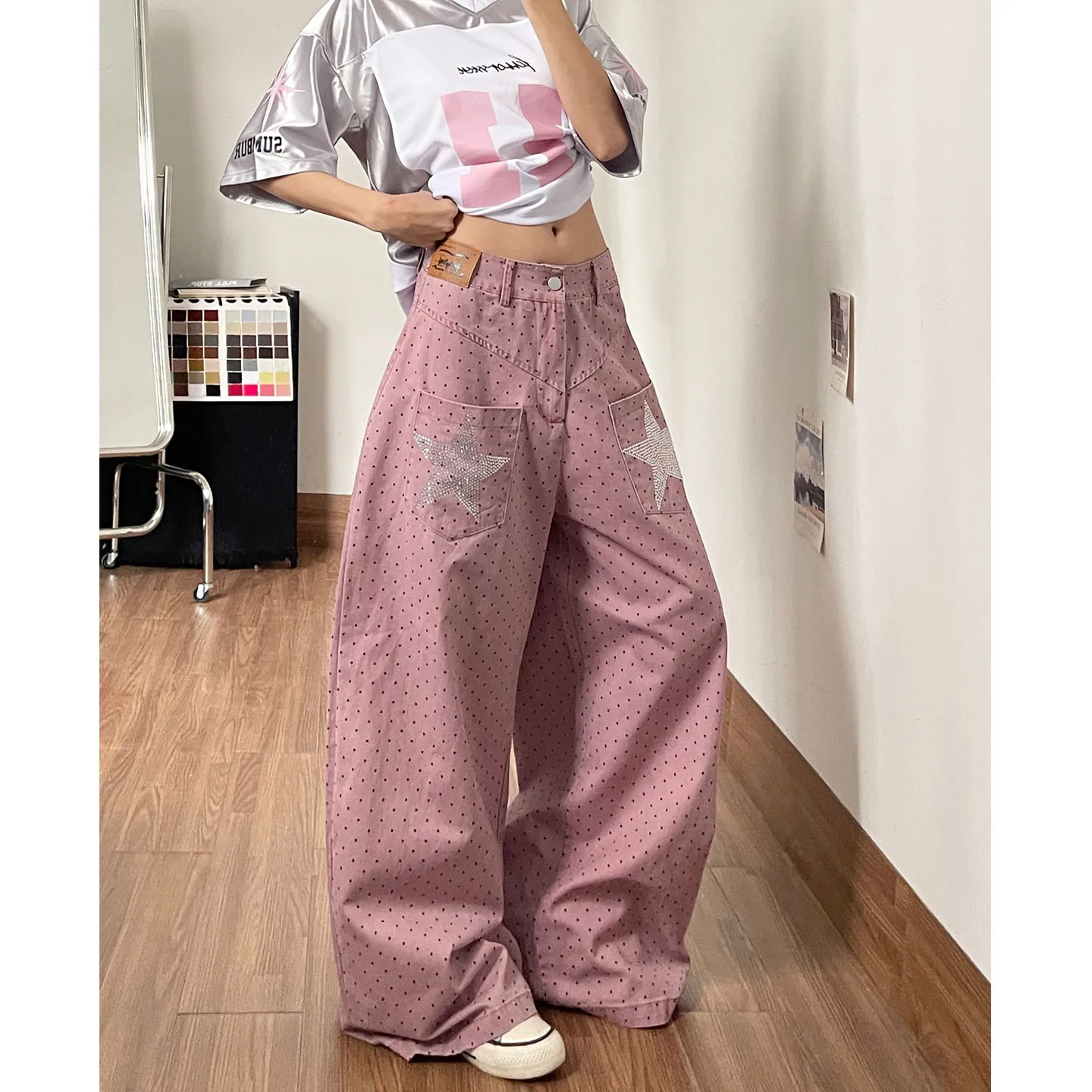 American Retro Polka Dot Wide Leg Denim Pants