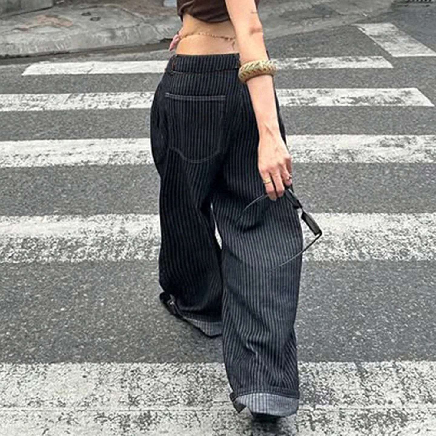 Women Striped Wide Leg Jeans