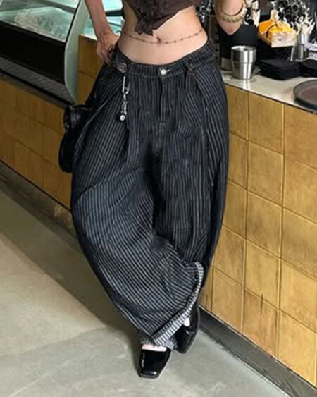 Women Striped Wide Leg Jeans