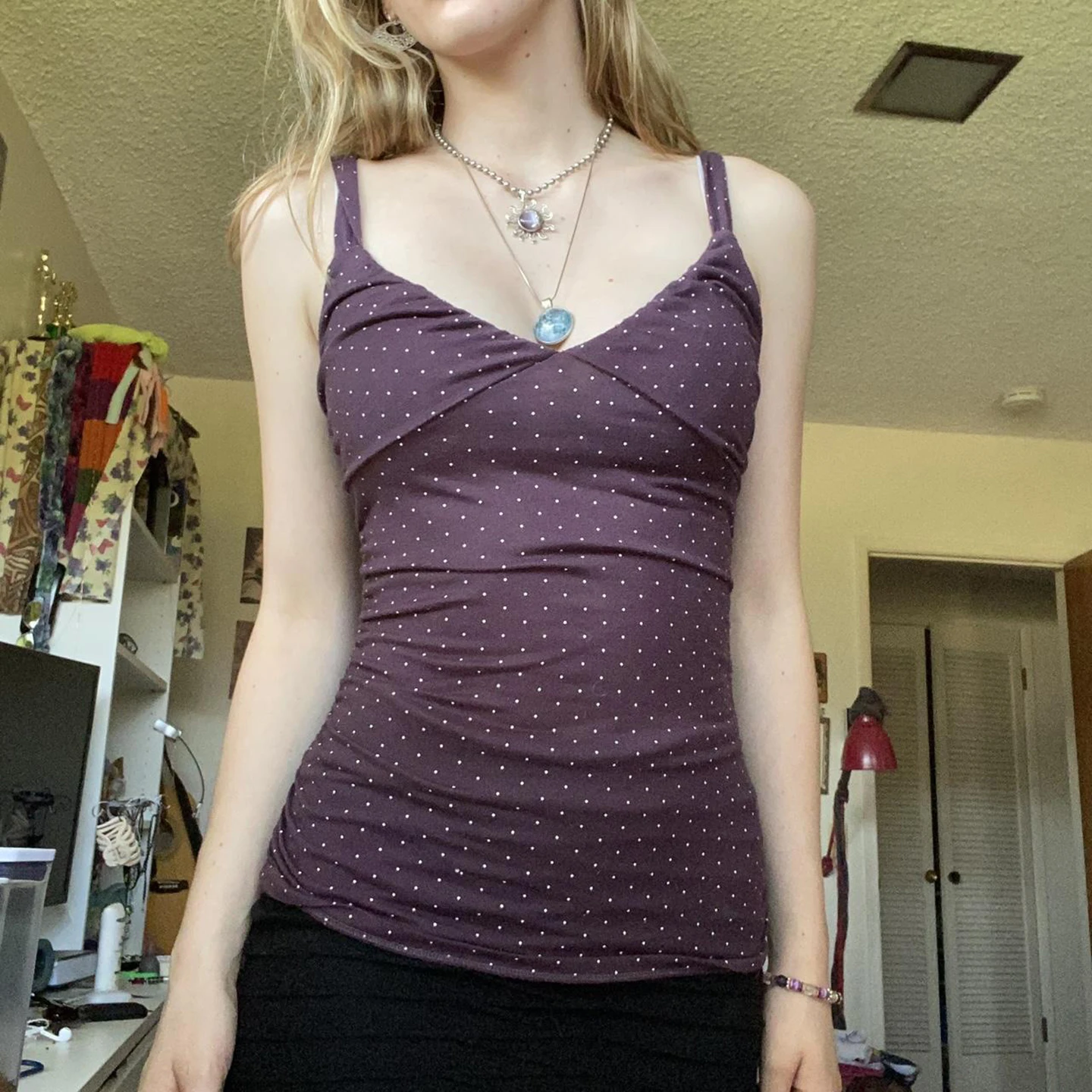 Purple Y2K Polka Dot Ruffled Tank Top