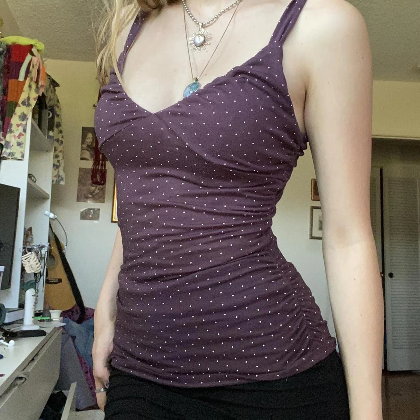 Purple Y2K Polka Dot Ruffled Tank Top