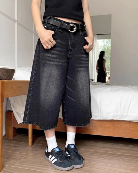 High Waist Black Washed Denim Shorts
