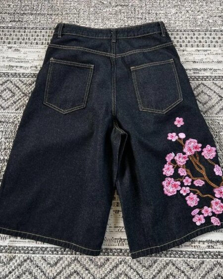 Cherry Blossom Embroidery Denim Shorts