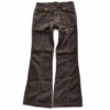 - Washed brown flare jeans with large front patch pockets, vertical seams and a double-button waistband.