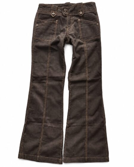 - Washed brown flare jeans with large front patch pockets, vertical seams and a double-button waistband.