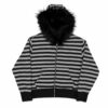 Black and grey striped zip-up hoodie with fluffy black hood trim and studded front pocket openings.