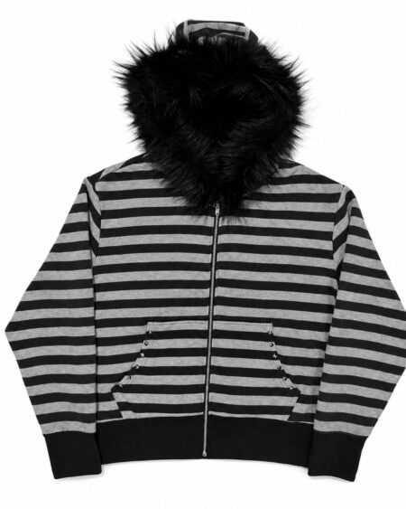 Black and grey striped zip-up hoodie with fluffy black hood trim and studded front pocket openings.