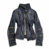 Dark wash fitted denim jacket with a stand collar and metal zipper details across the chest and sleeves.