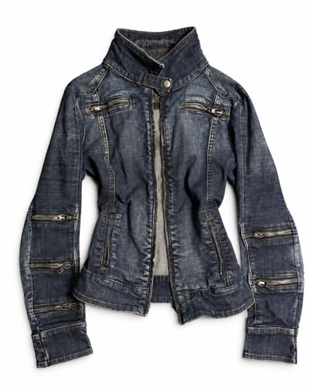 Dark wash fitted denim jacket with a stand collar and metal zipper details across the chest and sleeves.