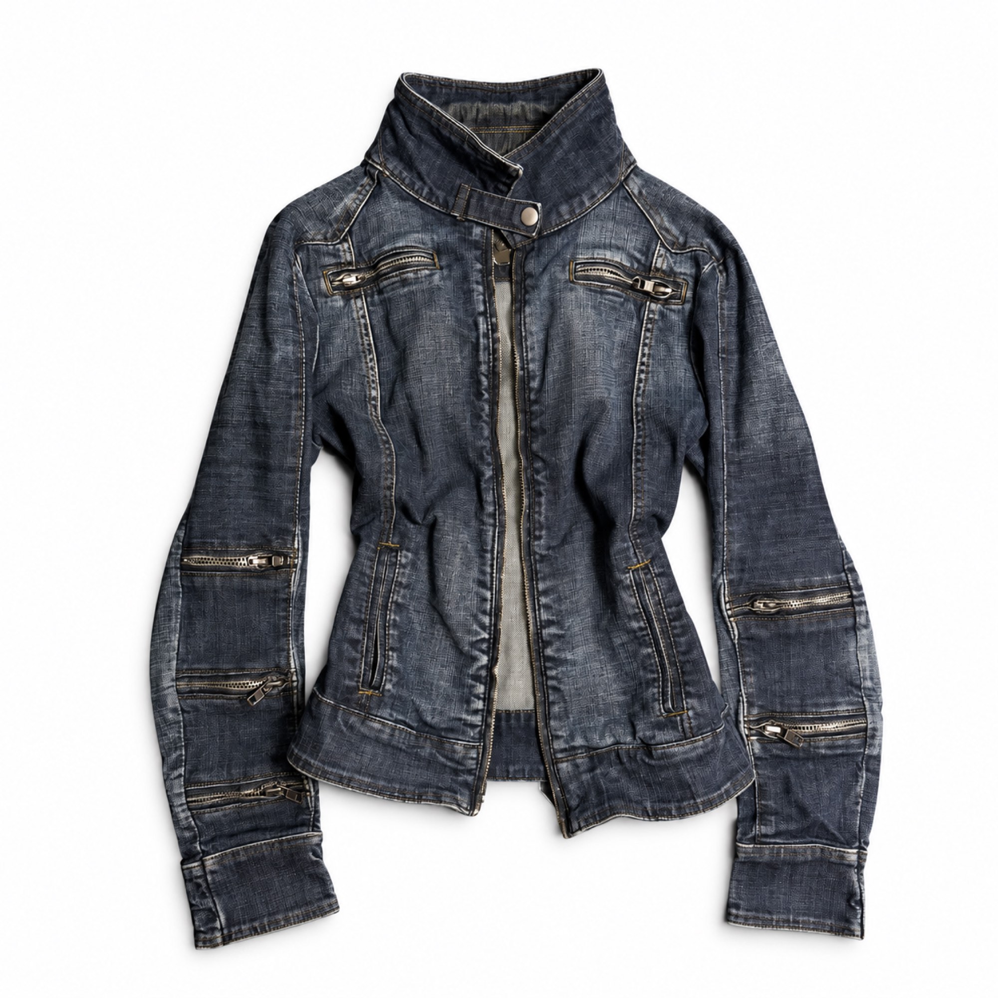 Vex Multi-Zip Denim Jacket Dark wash fitted denim jacket with a stand collar and metal zipper details across the chest and sleeves.