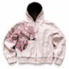 Pale zip-up hoodie with pink cherry blossom artwork across one side of the front and sleeve.