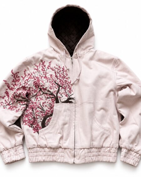 Pale zip-up hoodie with pink cherry blossom artwork across one side of the front and sleeve.