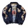 Navy jacket with dragon sleeve embroidery, embroidered birds on the chest and a colorful quilted interior.