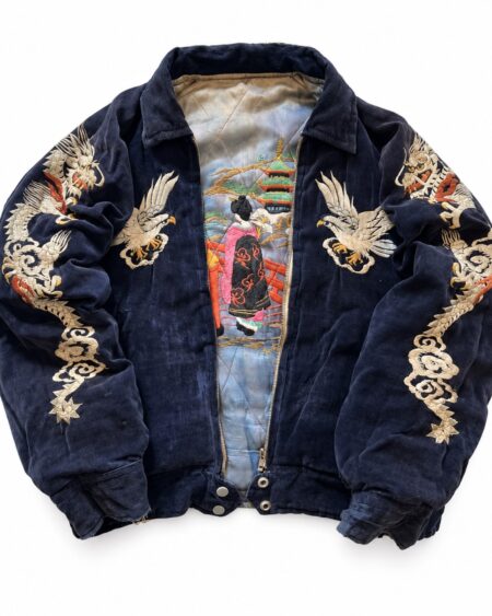 Navy jacket with dragon sleeve embroidery, embroidered birds on the chest and a colorful quilted interior.