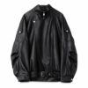 Black faux leather biker jacket with a stand collar, overlapping front and buckled hem.