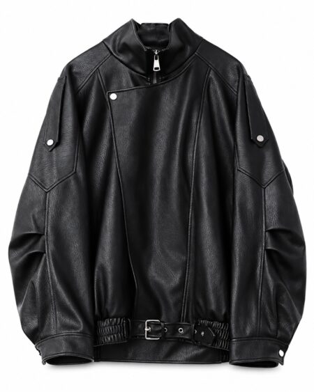 Black faux leather biker jacket with a stand collar, overlapping front and buckled hem.