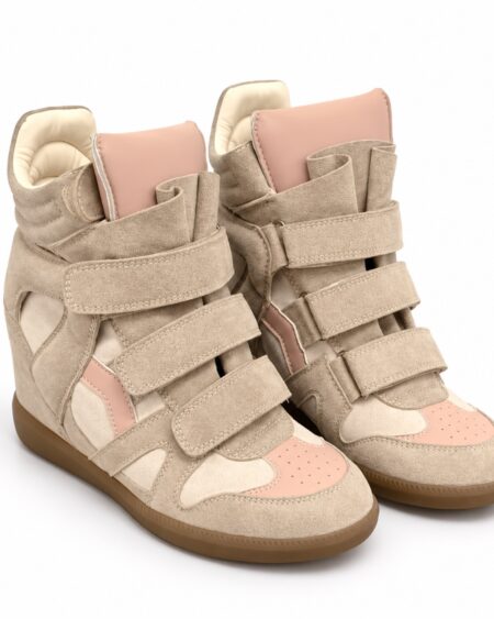 Beige high-top wedge sneakers with cream panels, blush pink accents, three front straps and brown soles.