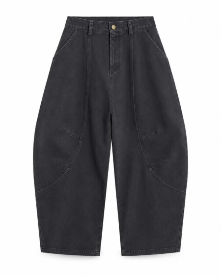 Charcoal barrel leg jeans with curved front seams, knee darts and slanted pockets.