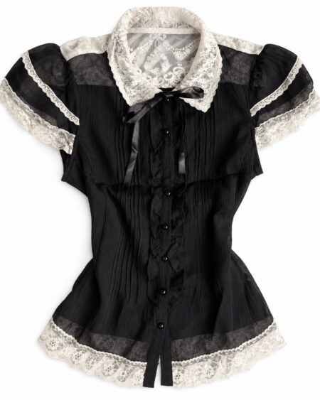 Black fitted blouse with an ivory floral lace collar, ribbon bow, lace-trimmed short sleeves and scalloped hem.