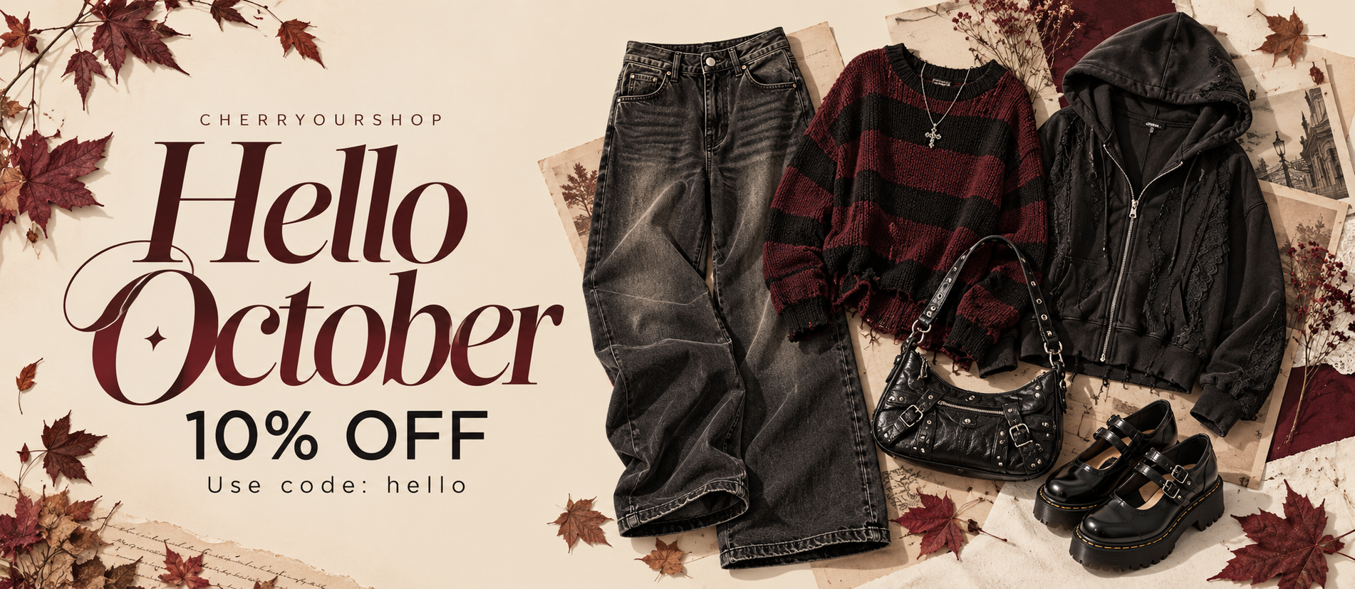 Hello October — 10% off with code hello. Autumn fashion in burgundy, black and cream.