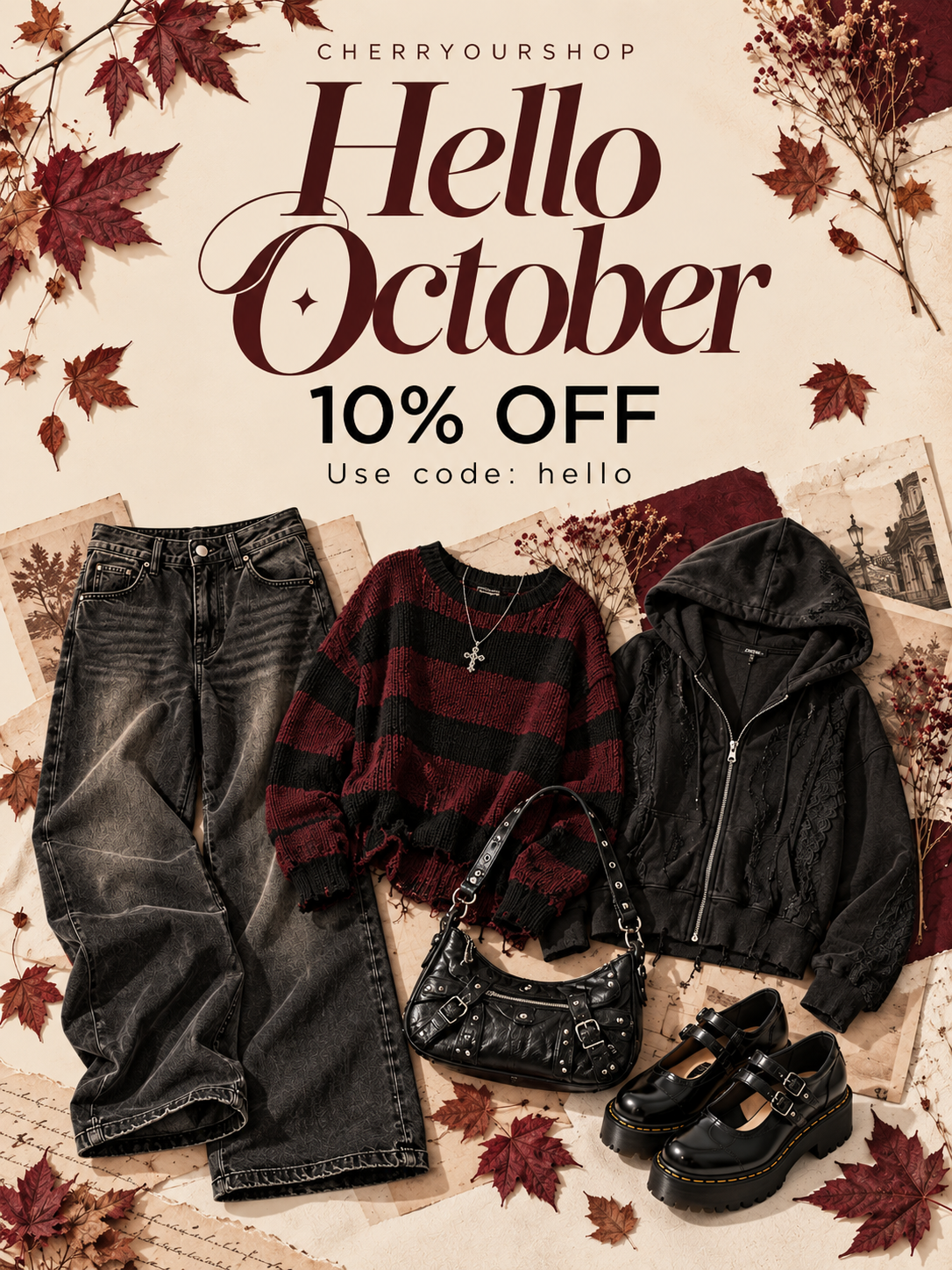 Hello October — 10% off with code hello. Autumn fashion in burgundy, black and cream.